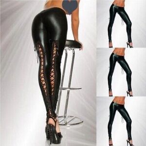 Sexy Wet Look Lace up Leggings